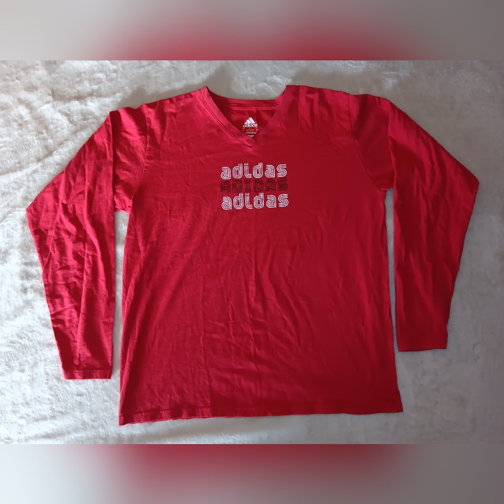 Mens XL Adidas long-sleeved v-neck t-shirt. Red/White/Black 100% Cotton.